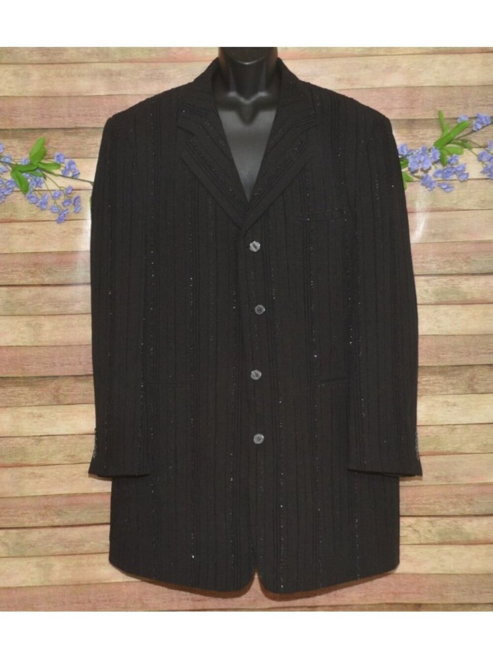 VTG Falcone Suit Jacket Blazer Size 46L Metallic Black Pinstripe Long Zoot Suit